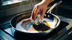 Illustration of a hand using a crumpled aluminium foil ball and a bicarbonate of soda slurry to scrub burnt-on grime from a stainless steel pan