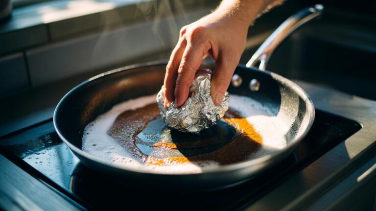 Illustration of a hand using a crumpled aluminium foil ball and a bicarbonate of soda slurry to scrub burnt-on grime from a stainless steel pan