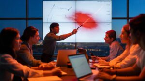 Illustration of a team reviewing a highlighted mistake to shift attention and keep group focus on priorities