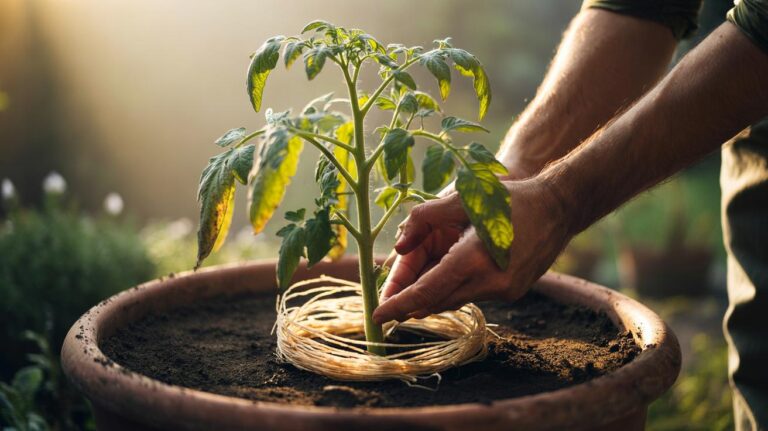 Illustration of banana peels being used as a natural fertilizer by burying thin strips in the soil around a potted plant to boost growth within five days