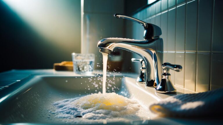 Illustration of baking soda and carbonated water fizzing on a chrome bathroom tap for a 10-second clean