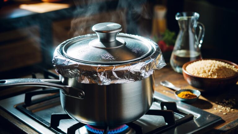 Illustration of a saucepan of rice sealed with aluminium foil to retain steam for fluffy grains