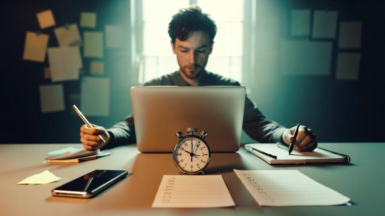 Illustration of a person using a two-minute timer to balance tasks, reduce cognitive load, and beat procrastination for sharper focus