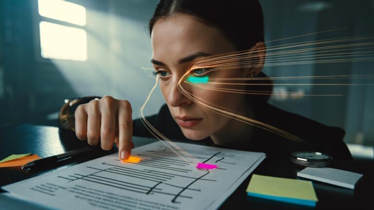 Illustration of a reader applying attention bias to target key points, doubling reading speed and enhancing understanding