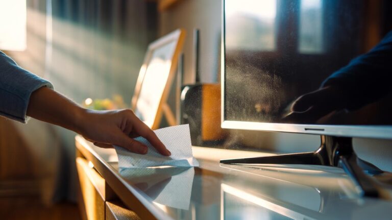 Illustration of a person wiping a TV stand with a dryer sheet to reduce static and prevent dust buildup in 30 seconds