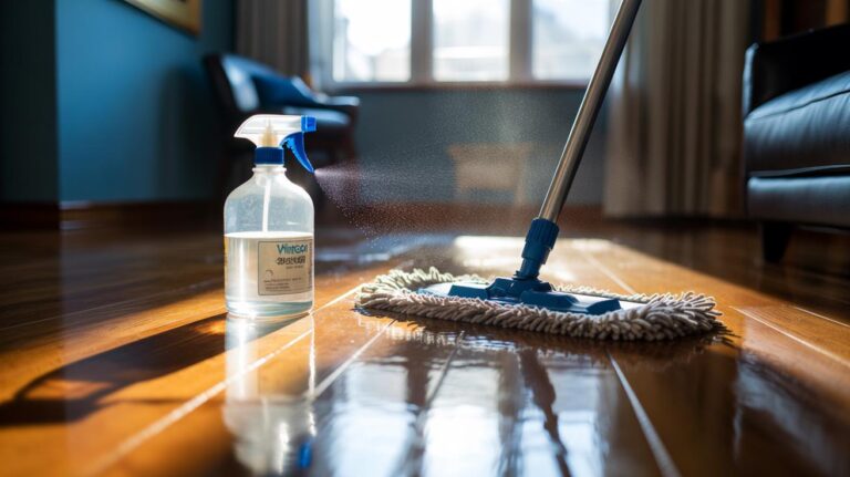 Illustration of a microfibre mop and a white vinegar spray bottle being used to clean a sealed hardwood floor with minimal moisture, leaving a residue-free shine