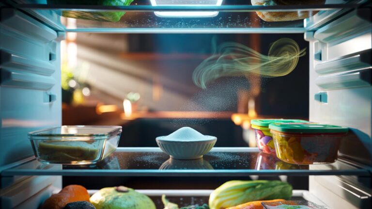 Illustration of a small plate of baking soda inside a refrigerator neutralising odours in 30 seconds