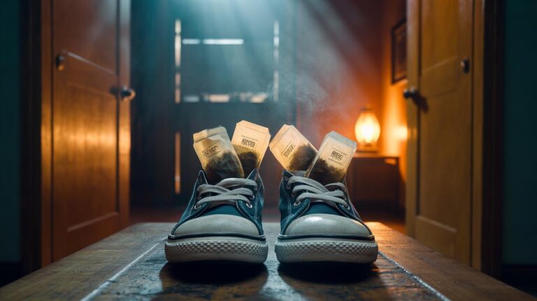 Illustration of dry tea bags placed inside shoes overnight to neutralise odours
