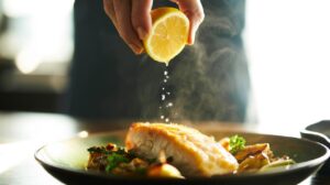 Illustration of a hand squeezing fresh lemon juice over food to instantly brighten flavour