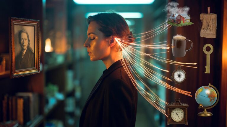 Illustration of a memory anchoring network linking facts to people, places, and stories for rapid recall