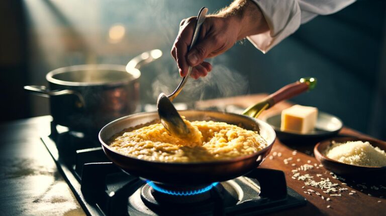 Illustration of creamy risotto in a wide pan being stirred to an all'onda texture, the glossy sauce formed by released rice starch in a quick 10-minute method