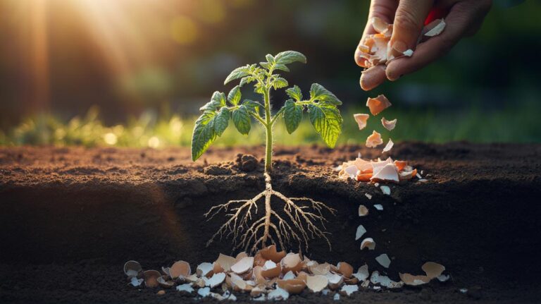 Illustration of crushed eggshells being incorporated into soil around young plant roots to supply calcium and strengthen root resilience