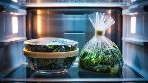 Illustration of a rubber band reinforcing a refrigerator door gasket and cinching food containers to improve the seal and keep food fresh longer