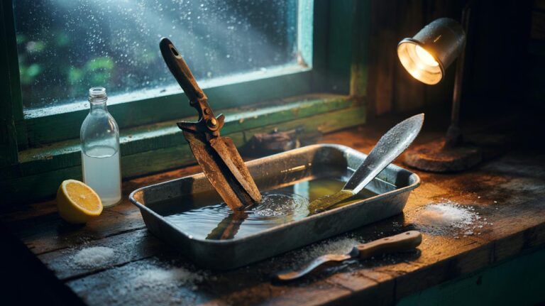 Illustration of rusty garden tools soaking overnight in a salt-and-vinegar brine to remove rust