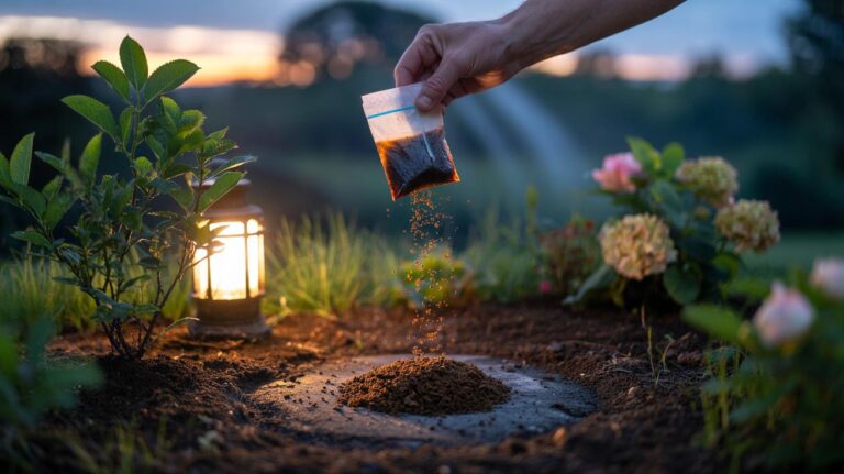 Illustration of used tea bags being opened and their contents mixed into garden soil at dusk to improve nutrient availability via tannins