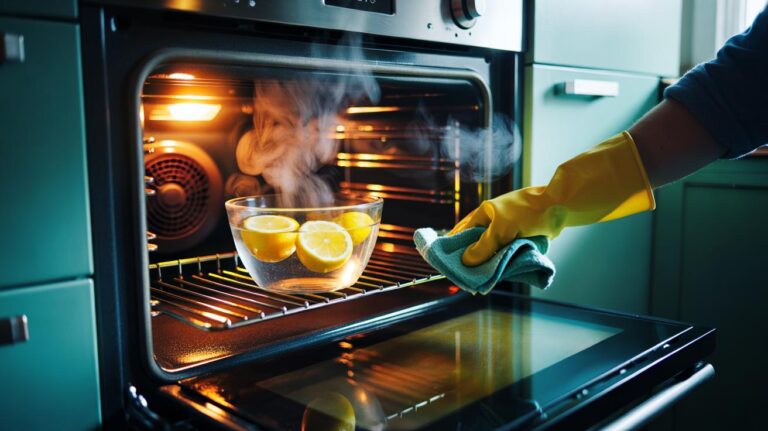 Illustration of a bowl of lemon water steaming in an oven for a 10-minute clean