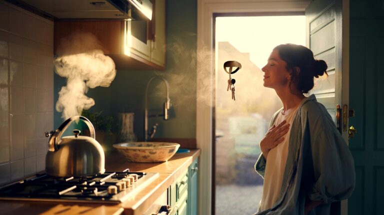 Illustration of memory anchoring: a person pairing small positive actions with daily cues, like breathing deeply when the kettle clicks and tidying for one minute after dropping keys in a bowl.
