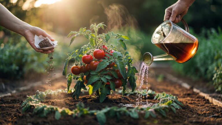 Illustration of used tea leaves from tea bags mulched around tomato plants to boost growth with caffeine